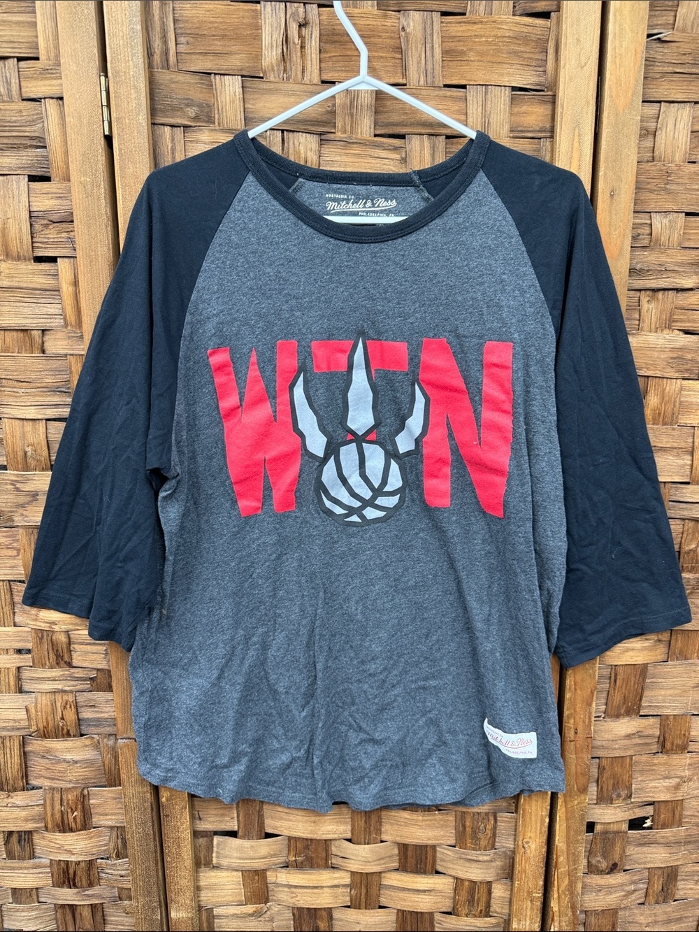 Mitchell & Ness Gray & Black Raglan Tee with Cream Logo